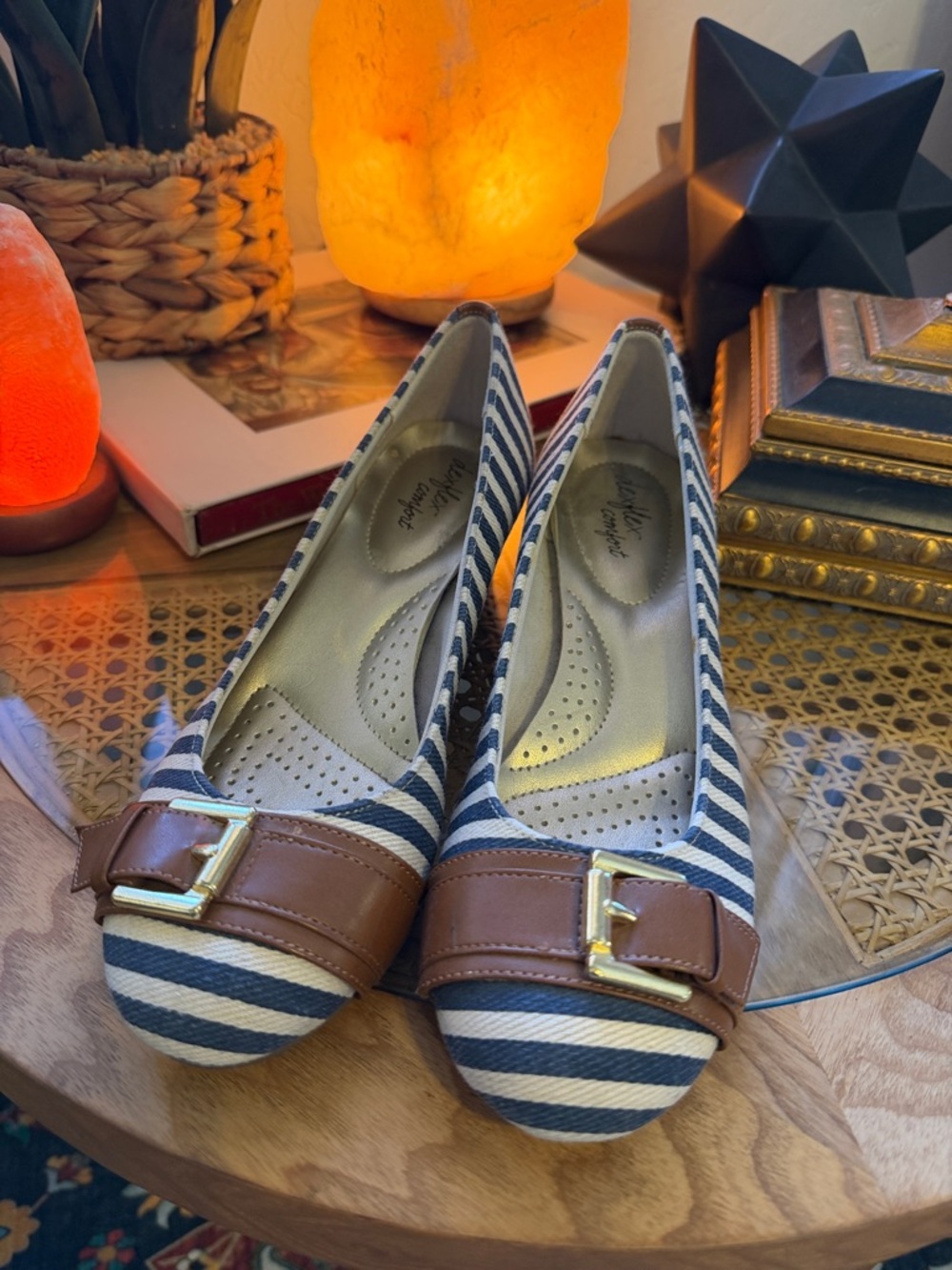dexflex comfort Navy & White Striped Ballet Flats with Brown Buckle